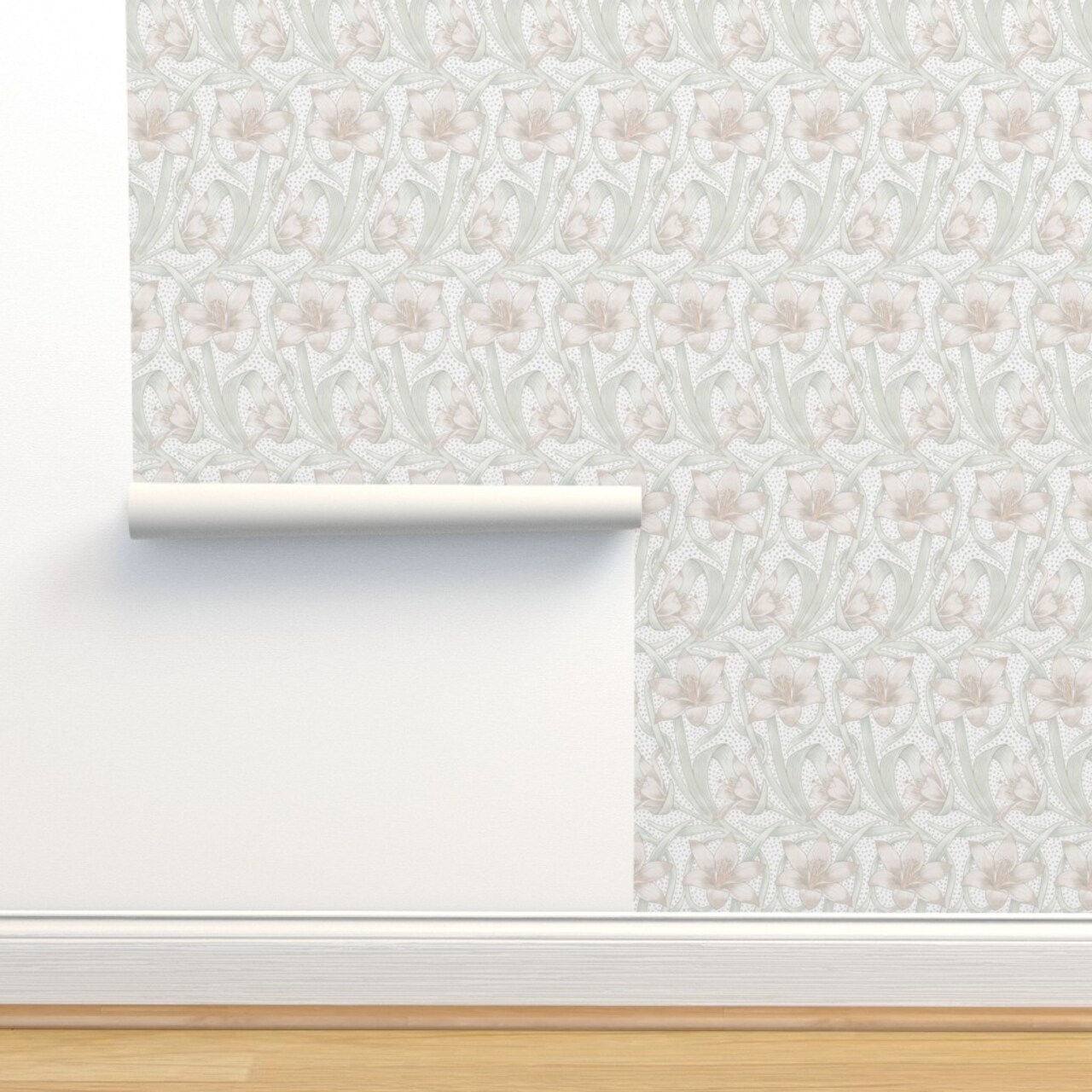 Pink Floral Victorian Neutral Art Nouveau Traditional Watercolor Pastel Cottage Lilies Medium Scale Custom Pre-pasted Wallpaper by Spoonflower Pre-Pasted Wallpaper 2FT Wide